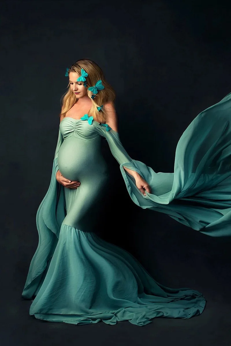 

Elegant Shoulderless Maternity Photography Props Long Dress For Pregnant Women Fancy Pregnancy Dress Sexy Maxi Gown Photo Shoot
