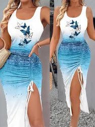 Summer Women's Bodycon Tank Dress Sexy O-neck Drawstring Split Midi Vest Dresses Fashion Floral Print Sleeveless Holiday Dress