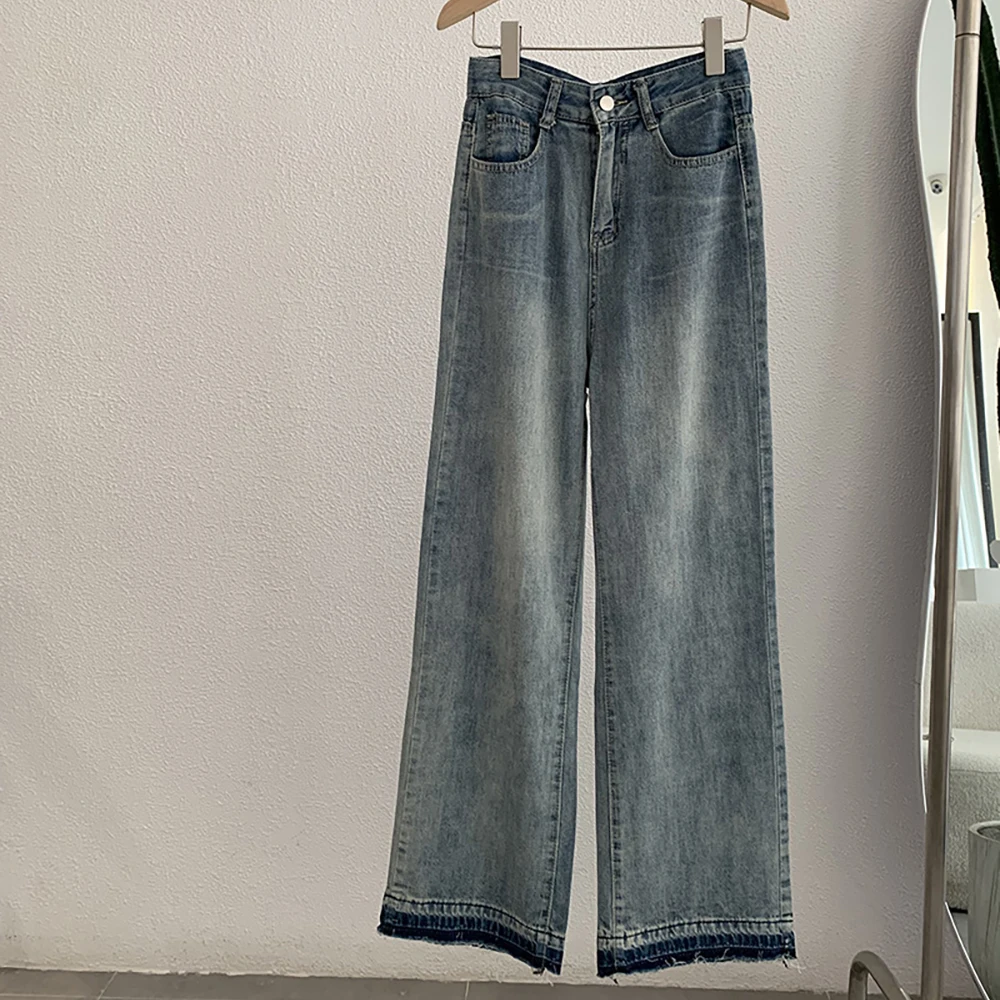 Contrast Color Tassel Edge Blue Jeans for Women High Waist Wide Leg Denim Pants 2025 New Versatile Straight Loose Trousers