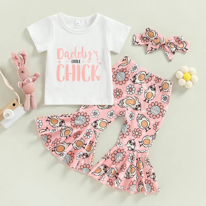 

Baby Girls Easter Outfit Sets Pink Ruffle Sleeve Top Bunny Print Leggings Matching Headband and Bow