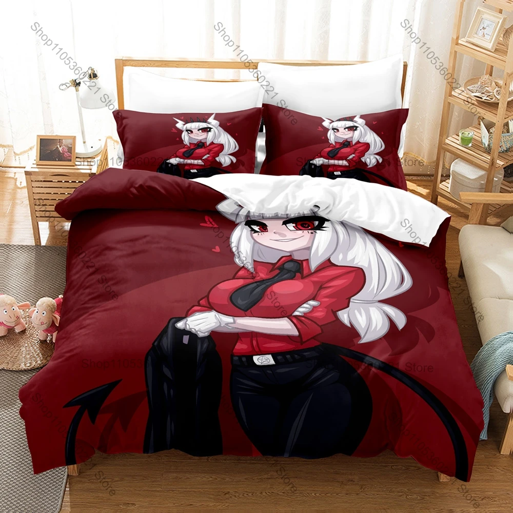 Helltaker Bedding Set Duvet Cover + 2 Pillowcases Indie Puzzle Game Demon Girls Black White Red Minimal Gothic Bedroom Decor