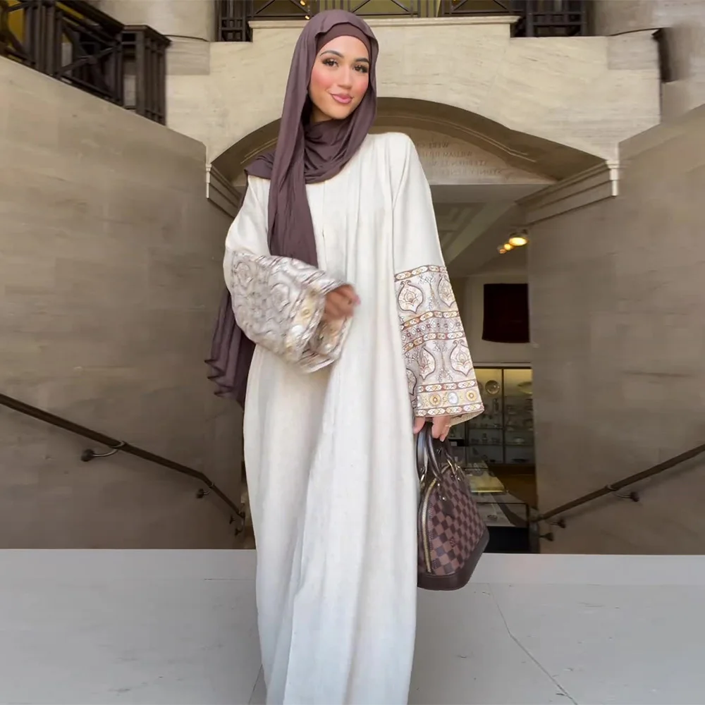 Moslim Abaya Jurk Voor Vrouwen 2024 Nieuwe Lente Print Bloem Boho Bubble Mouwen Losse Hennep Lange Rok Voor Vrouwen Ramadan