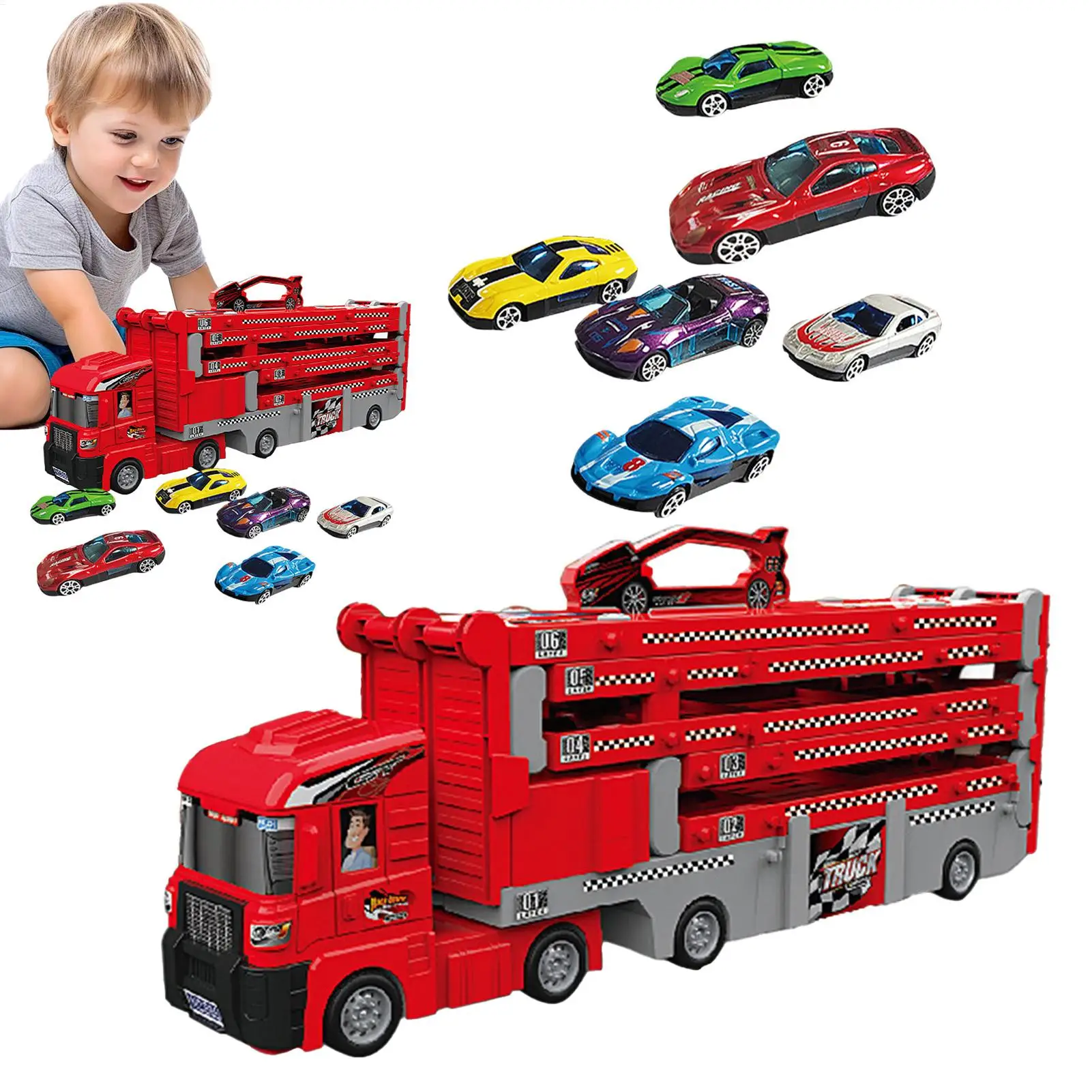 

Car Carrier Truck Toy Kids Foldable Transporter Vehicle Foldable Hauler Track Ejection Car For Home Playground Nursery Preschool