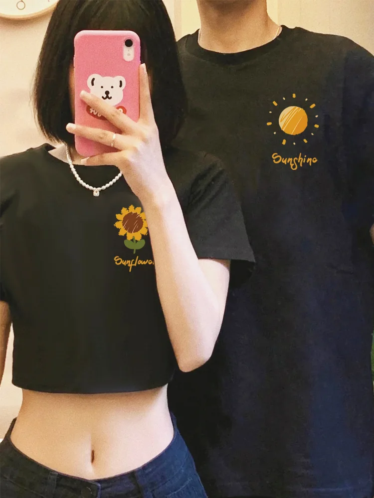 2024 Cotton Sunflower Print Matching Couple Tshirt Set Men Short Sleeve T-shirt And Women Sexy Crop Top For Boyfriend Girlfriend