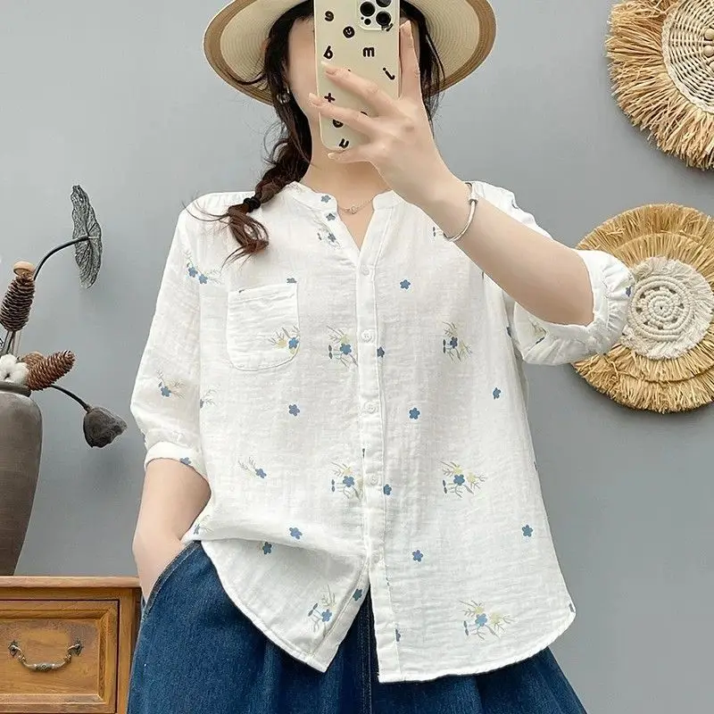 

plus Size Women's Shirt Floral Print Cotton Linen Spring Summer Casual Breathable Button up V Neck Open Cardigan Style Top