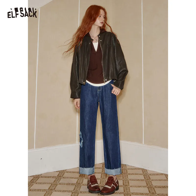 

ELFSACK 2025 Autumn New Arrivals Casual Retro Style Star Embroidery Denim Cuff Straight Leg Pants For Woman