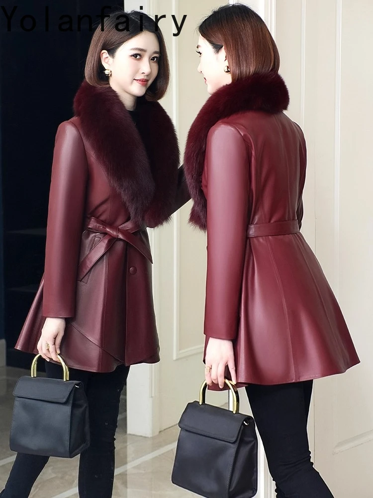 YOLANFAIRY Real Sheepskin Leather Trench Coat Woman Autumn Winter Mid-length Slim Genuine Leather Down Jacket Fox Fur Collar