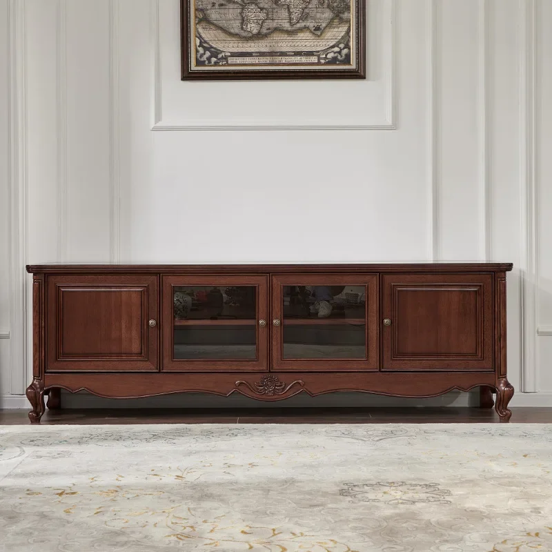 Household solid wood TV cabinet, retro style double door floor cabinet