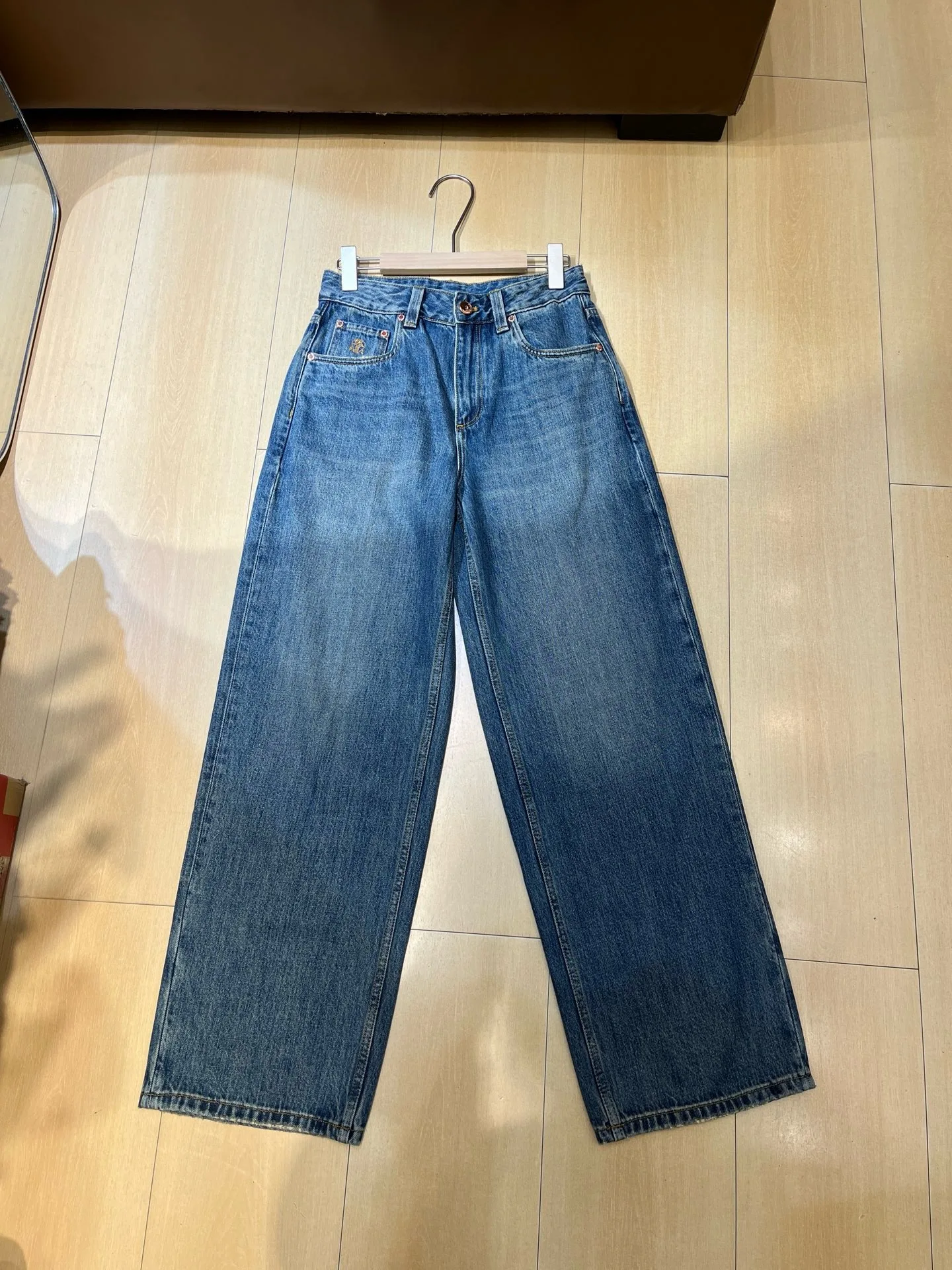 Retro Washed Denim Wide Leg Pants Women High Rise Relaxed Fit Embroidered Jeans