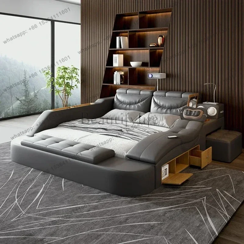 LJY Nordic Luxury Double Bed Headrest Storage Loft Massage Double Bed Floor Multifunctional Cama Inteligente Bedroom Furniture