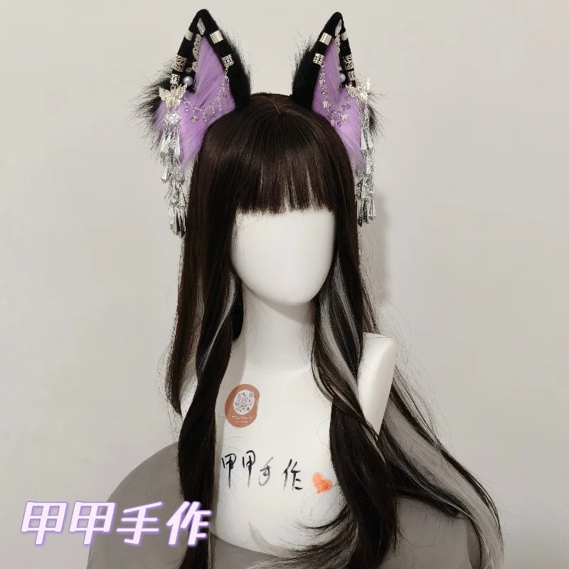 Original Ethnic Miao Silver Purple Cat Wolf Ears Headband with Tassel Butterfly for Exotic Festival Daily Wear Hair Accessory