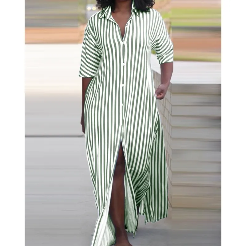 Elegant Women's Half Sleeve Split Maxi Dress 2024 Summer Fashion Loose V-neck Long Black Striped Shirt Dress  Vestidos Elegantes