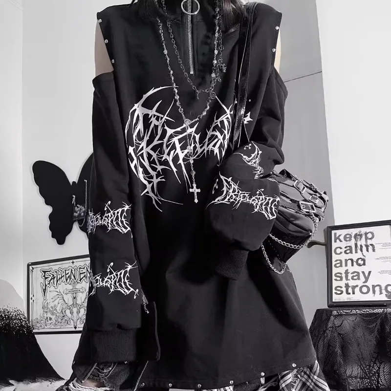 سلسلة Darkly القوطية طباعة ثقافة فرعية الشرير كم طويل فضفاض BF قبالة الكتف الجرافيك تي شيرت ربيع الخريف سستة تصميم القمم