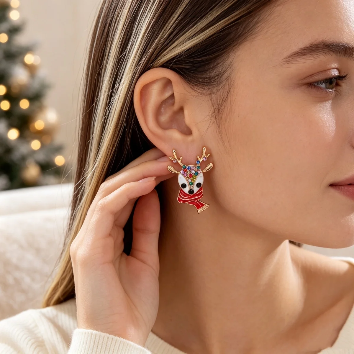 Weihnachtliche Zierliche Ohrringe mit Rotem Schal und Hirschmotiv für Damen, Bunte Strass-Rentier-Elch-Tier-Ohrringe, Neujahrs-Schmuck – Detail 10