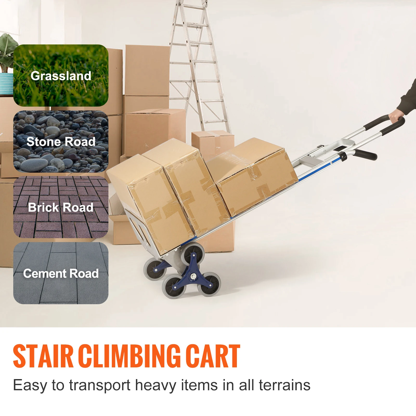 SucceBuy 550LBS Gerobak Panjat Tangga Troli Lipat Tugas Berat dengan Pegangan Ganda Rangka Truk untuk Gudang Belanja Bandara