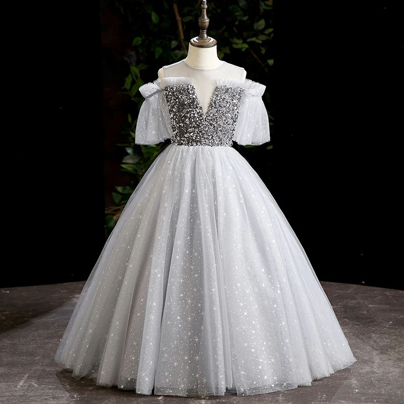 

Evening Dress O-Neck Pleat Short Sleeves Sequins Floor-Length Luxurious Zipper Back Ball Gown Party Flower Girl Dresses B1814