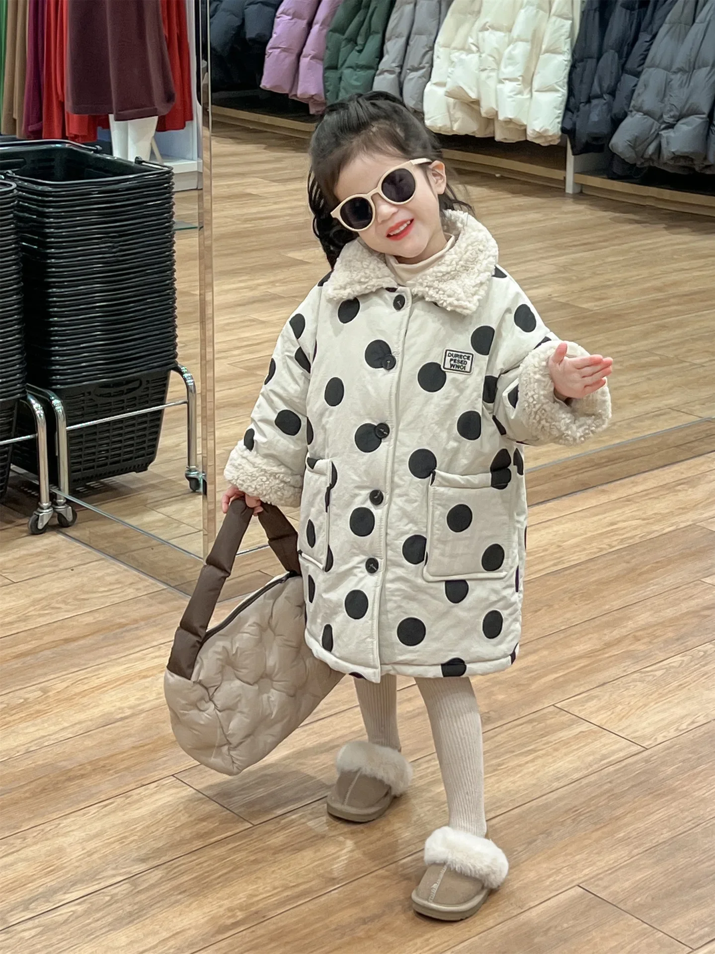 2024 Winter Baby Girls Coat Cute Dot Thickened Warm Imitation Rabbit Hair Cotton Mid Length Coat