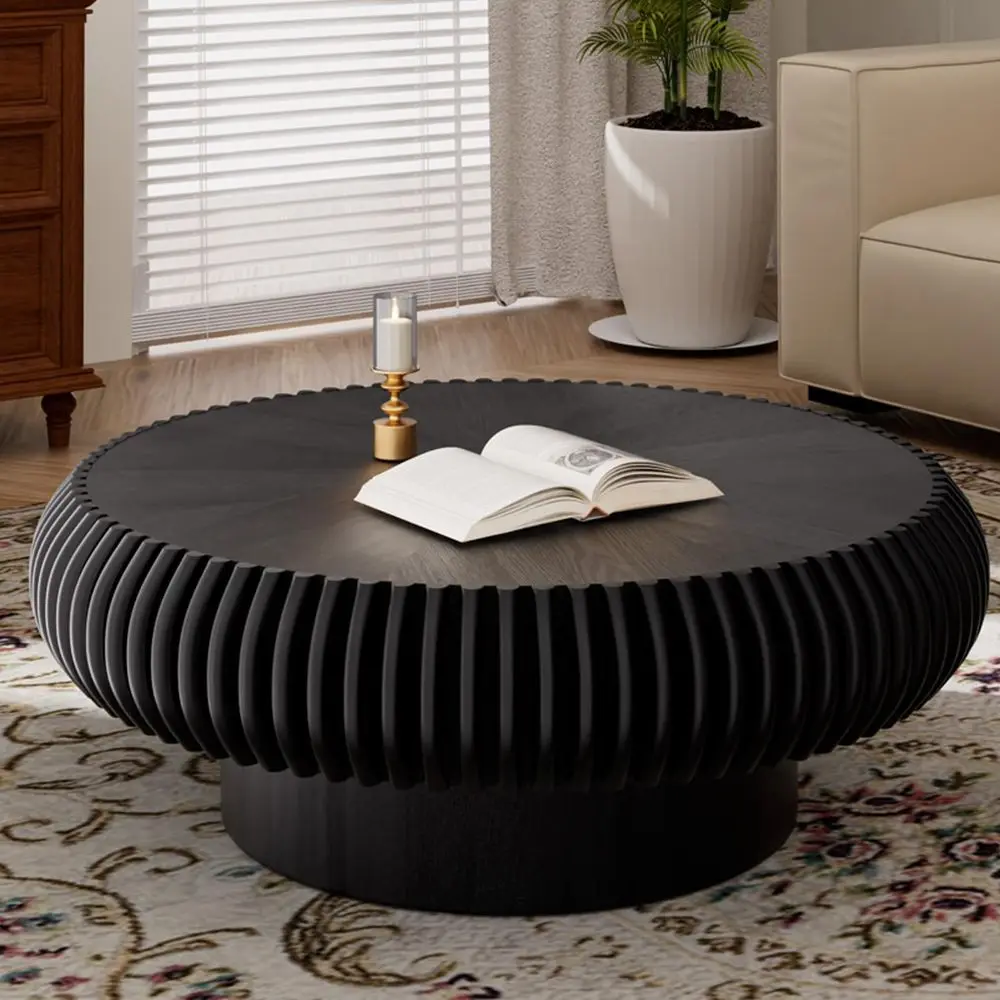 

Round Drum Coffee Table Handcrafted Fluted Wood Design with Sturdy Base for Living Room Bedroom Office Apartment Small Spaces Co