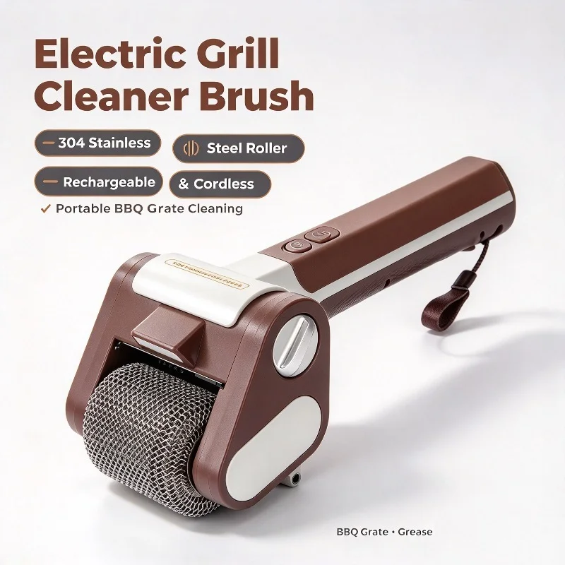 Rechargeable Electric Roller BBQ Grill Cleaner, Stainless Steel Rotating Roller Brush, Washable Portable Cordless Cleaning Tool