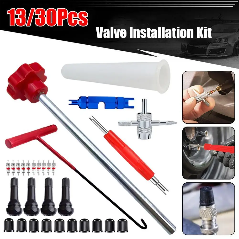 30 Pcs Versatile Tire Valve Stem Replacement Kit - Complete Tool Set for Various Tire Valve Maintenance