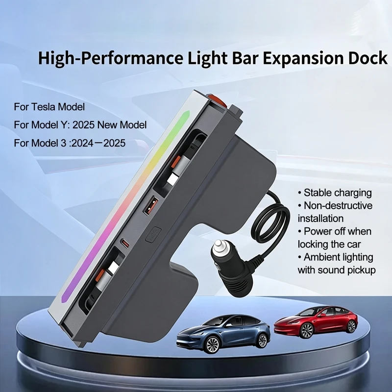 RGB Flow Light Docking Station Type C +TypeC 155W Fast Charging with Car-mounted Retractable Cable for Tesla Model Y/3 2024-2025