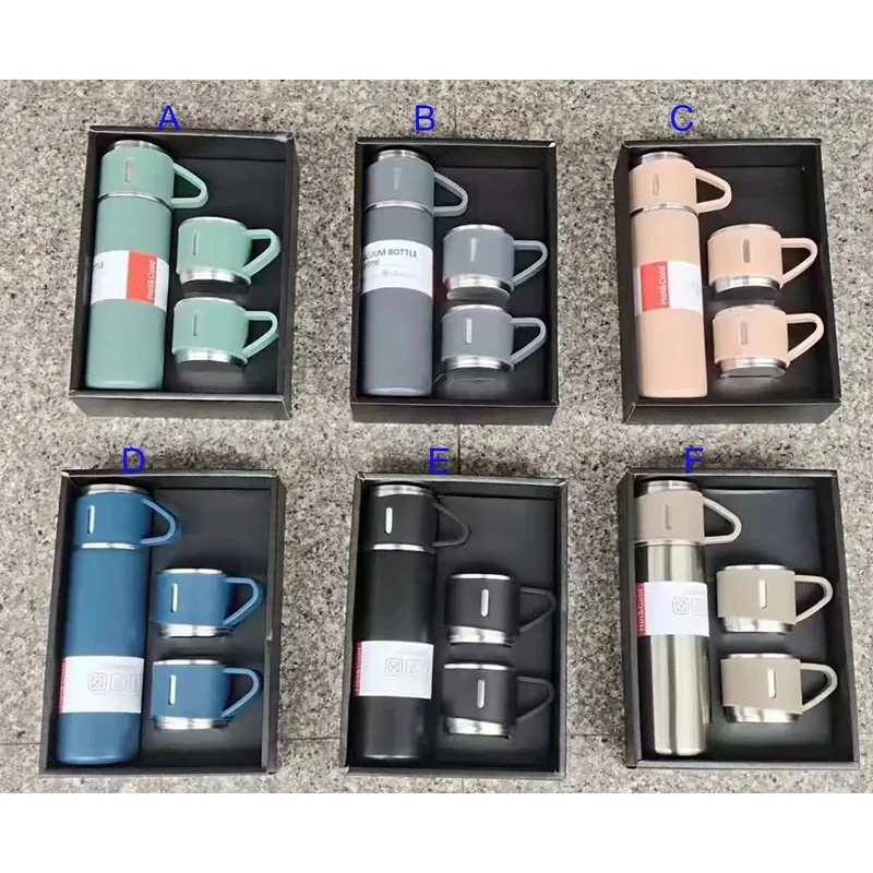 

500ml insulated bottle and two handle mugs set, stainless steel wine beer coffee thermos cup, winter hot drink gift set