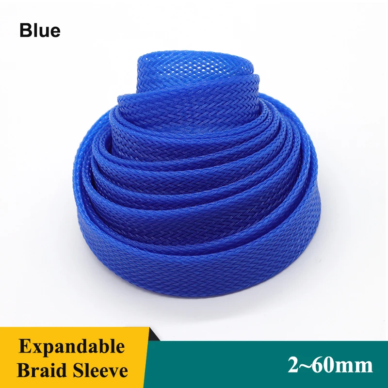 1~50m Blue PET Braid Sleeves 2/4/6/8/10/12/14/16/20/25/30/35/40/50/60mm High Density Snake Skin Wrap Sheath For Electric Cables