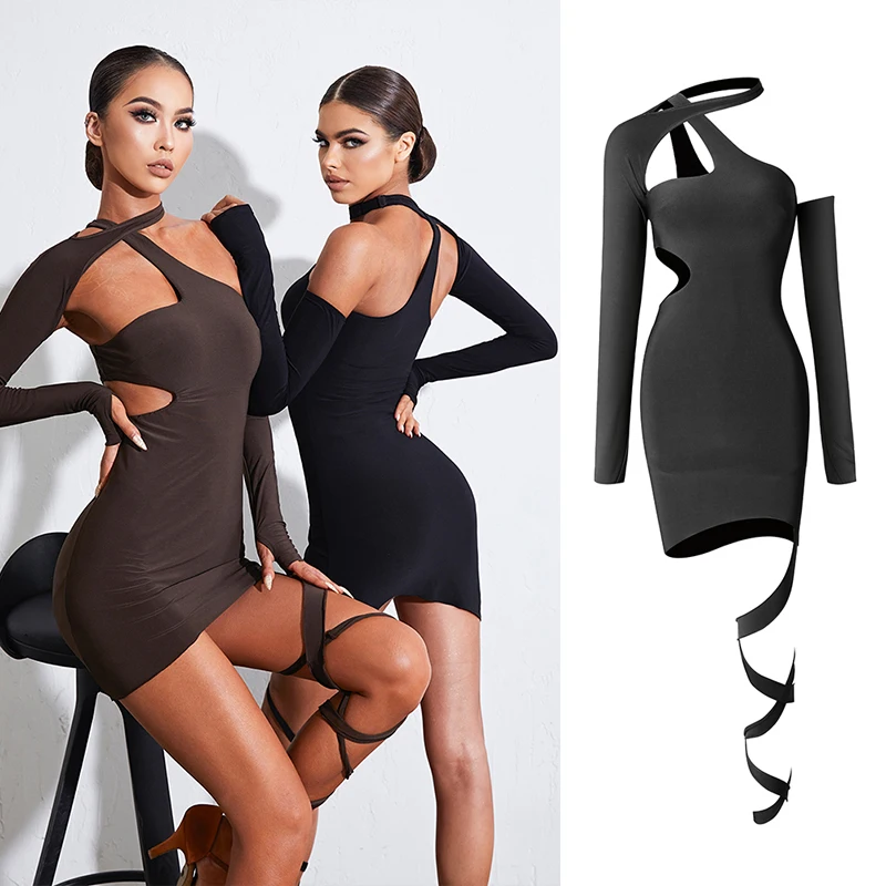 Latin Dance Kleid Frauen Schwarz Sexy Hohl Leistung Kleider Tango Salsa Cha Cha Samba Rumba Wettbewerb Bühne Tragen DNV16780