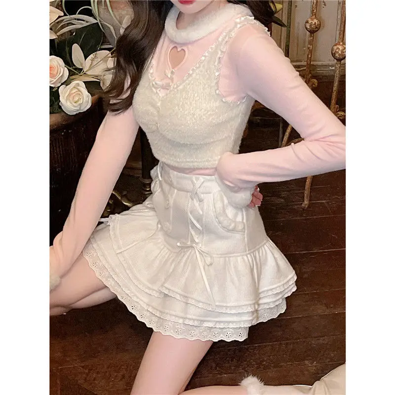 Japanese Sweet Soft Knitted Skirt Women Pink Lace Designer Casual Mini Skirt Spring Korean Party High Waist Vintage Clothes 2022