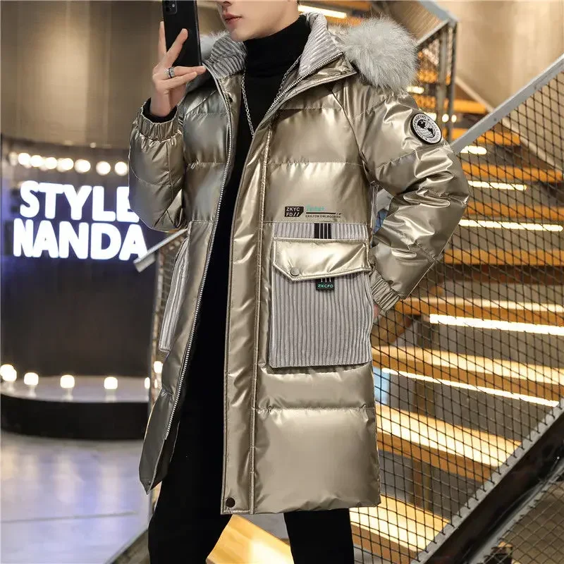 Winter New Men Mid-Length Down Cotton-Padded Jacket Mid-Length Trendy Bright Leather Hooded Parka Male Casual Large Size Outwear