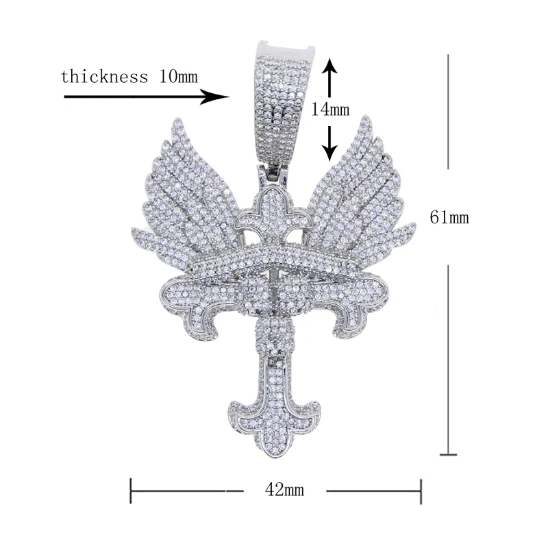 New Iced Out Bling Cross Wings Pendant Necklace Gold Silver Color CZ Cubic Zirconia Angel Charm Men Women Hip Hop Jewelry