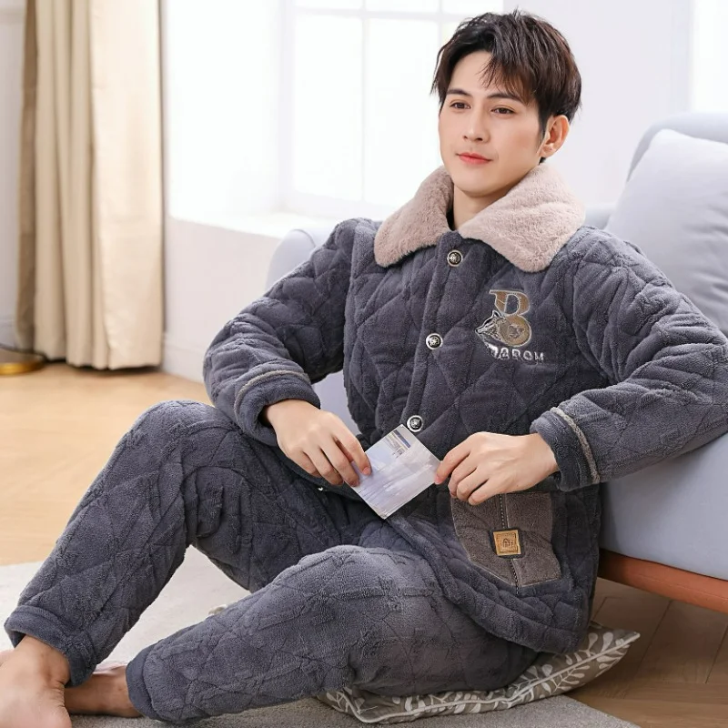 Pajamas Men's Winter Fleece Thickened Three-layer Padded Coral Fleece Men's Ultra-thick Warm Flannel Loungewear Set Comfortable