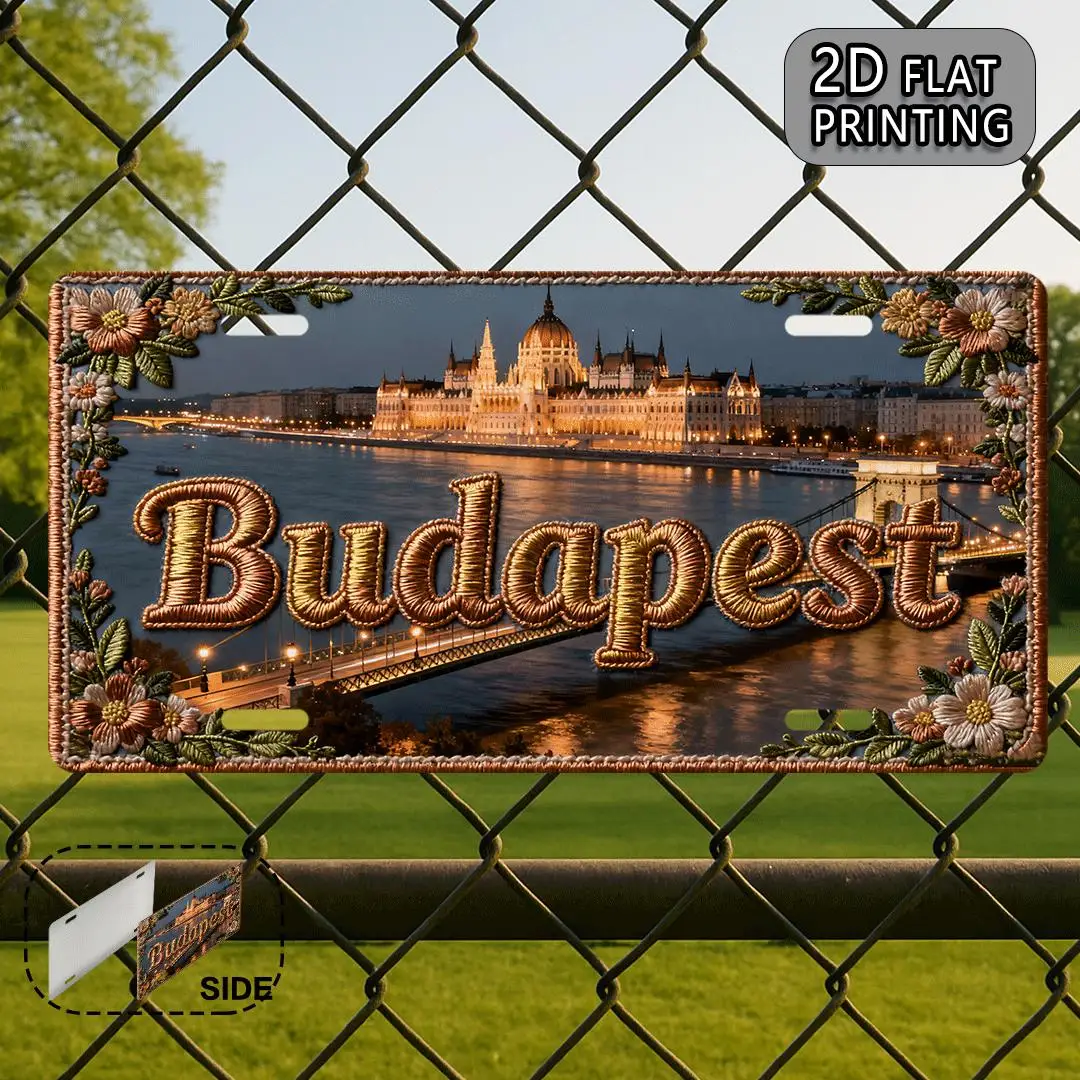2D Flat Printed Budapest Cityscape Chain Bridge Floral Border License Plate Style Aluminum Metal Painting Wall Decor for Europea