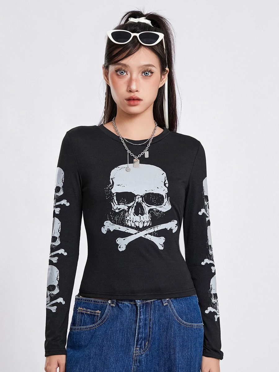 Mxiqqpltky 여성용 페어리 그런지 탑 스켈레톤 프린트 긴팔 슬림 핏 티셔츠, 빈티지 레이스 트림 크롭 티, Y2K 스트리트웨어