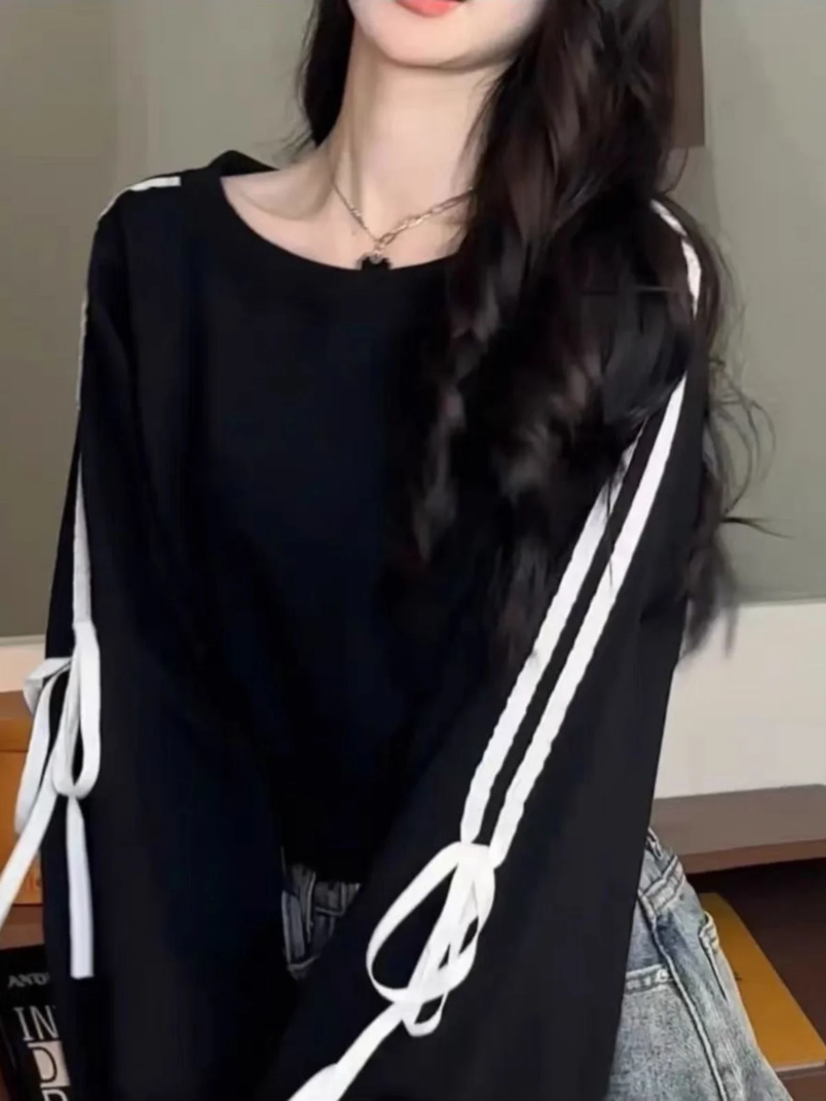 

Свободный длинный свитер с круглым вырезом и узлом для полных женщин, весна-осень, новинка