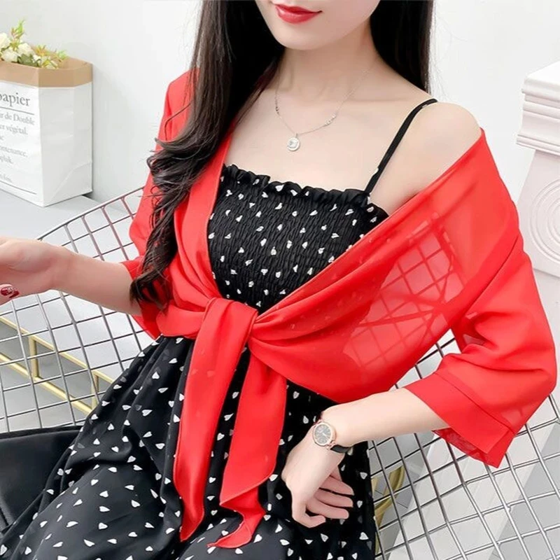 

Korean Solid Chiffon Transparent Jacket Women's Sunscreen Shawl Summer Blouses Cardigan Neck Guard Cloak Sun Silk Scarf R17