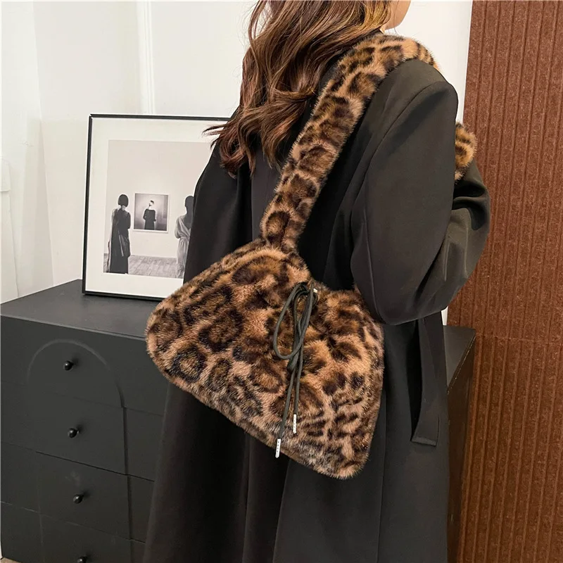 Youda New Fannel Fabric Shoulder Bag for Women Fashion Leopard String Crossbody Large Casual Capacity Shopper Tote Bags