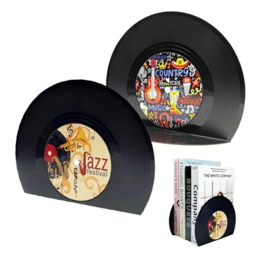 

Modern Bookends for Shelves, Retro Vinyl Record Bookends - Vintage Music Decor Bookend Set, Unique Decorative Book Stopper for