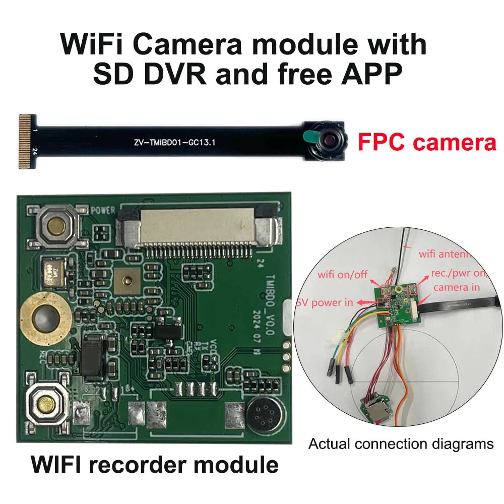 

Wifi Recorder module with SD DVR and An Extended Mipi Signal Camera support free APP to visit for preview, control, downloading