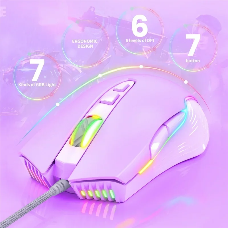Gaming Mouse USB Wired 6400DPI LED Backlight Optical Ergonomic Purple Gaming Mice for Computer PC Laptop Gamer