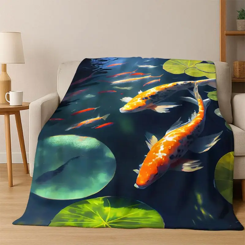 GOOD LUCK Koi Fish Yin Yang Carp Cartoon Flannel Blanket Soft Warm Throw Blanket for Bedroom Living Room Bed Travel Picnic Gift