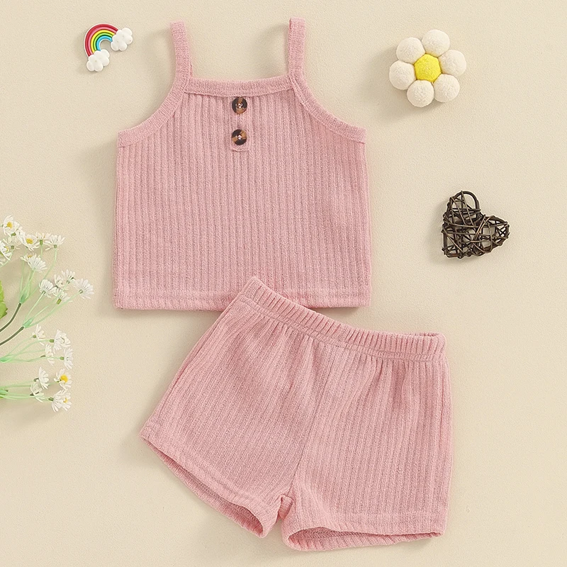 1-5Y Summer Kids Girl 2Pcs Casual Outfits Sleeveless Button Front Cami Tops Shorts Set Children Knitted Clothing Sets