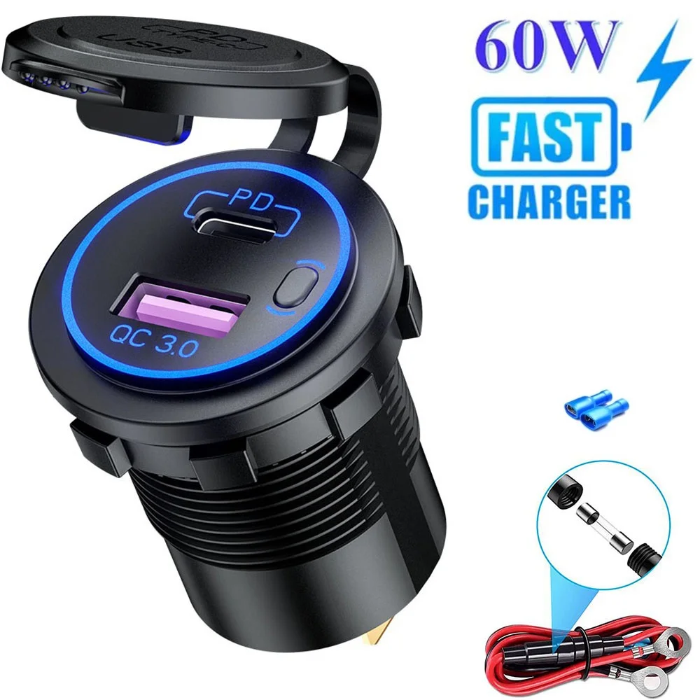 60W Quick Charge Car Charger QC3.0 USB+PD Type C Port Socket Voltmeter Auto Power Adapter for 12V/24V Car Truck Boat Motorcycle