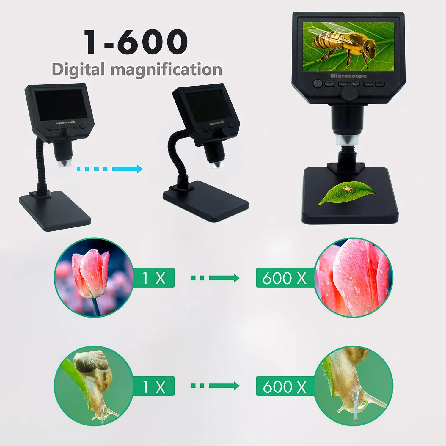 G600 1-600X Digital Microscope 6MP 4.3 Inch HD Color LCD Display Electronic Endoscope Video Magnifier 8 LED Magnifying Camera