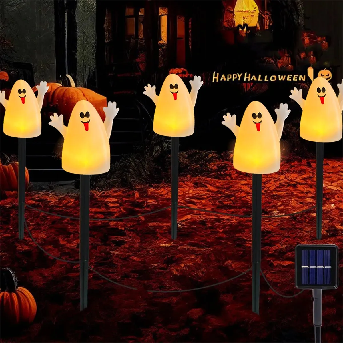 5pcs/set Pumpkin or Ghost Solar Powered Halloween Spooky Landscape Light With 8 Lighting Modes For Home Garden Yard Patio Decor