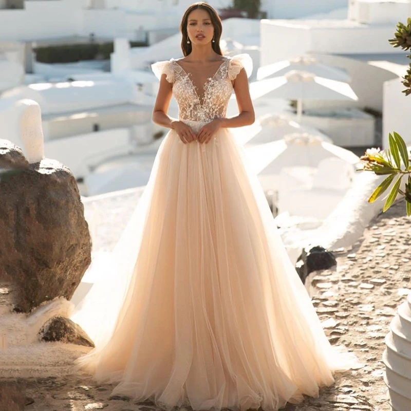 

Eightree Elegant A-Line Wedding Dresses V-Neck Appliques Tulle Evening Dress Boho Beach Backless Wedding Prom Gowns Custom Size