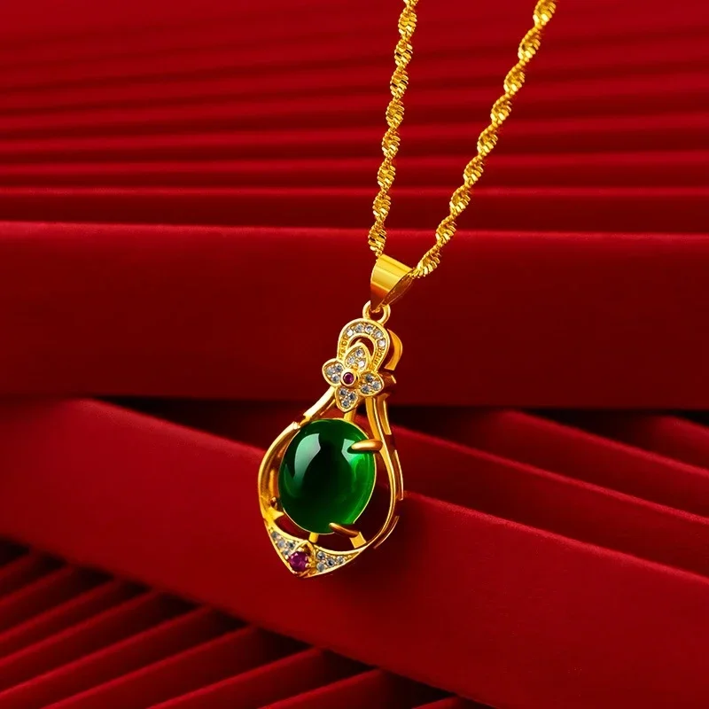 Water Drop Red Crystal Pendant Necklace Women 24K Real Gold Plated 45cm Woolen Chain Four-leaf Clover Ruby Pendant Women Gift