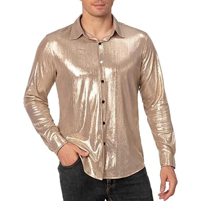 Mens Shiny Long Sleeve Dress Shirts For Party Wedding 70\'s Disco Metallic Cosplay Christmas Halloween Clothing Banquet Chemise