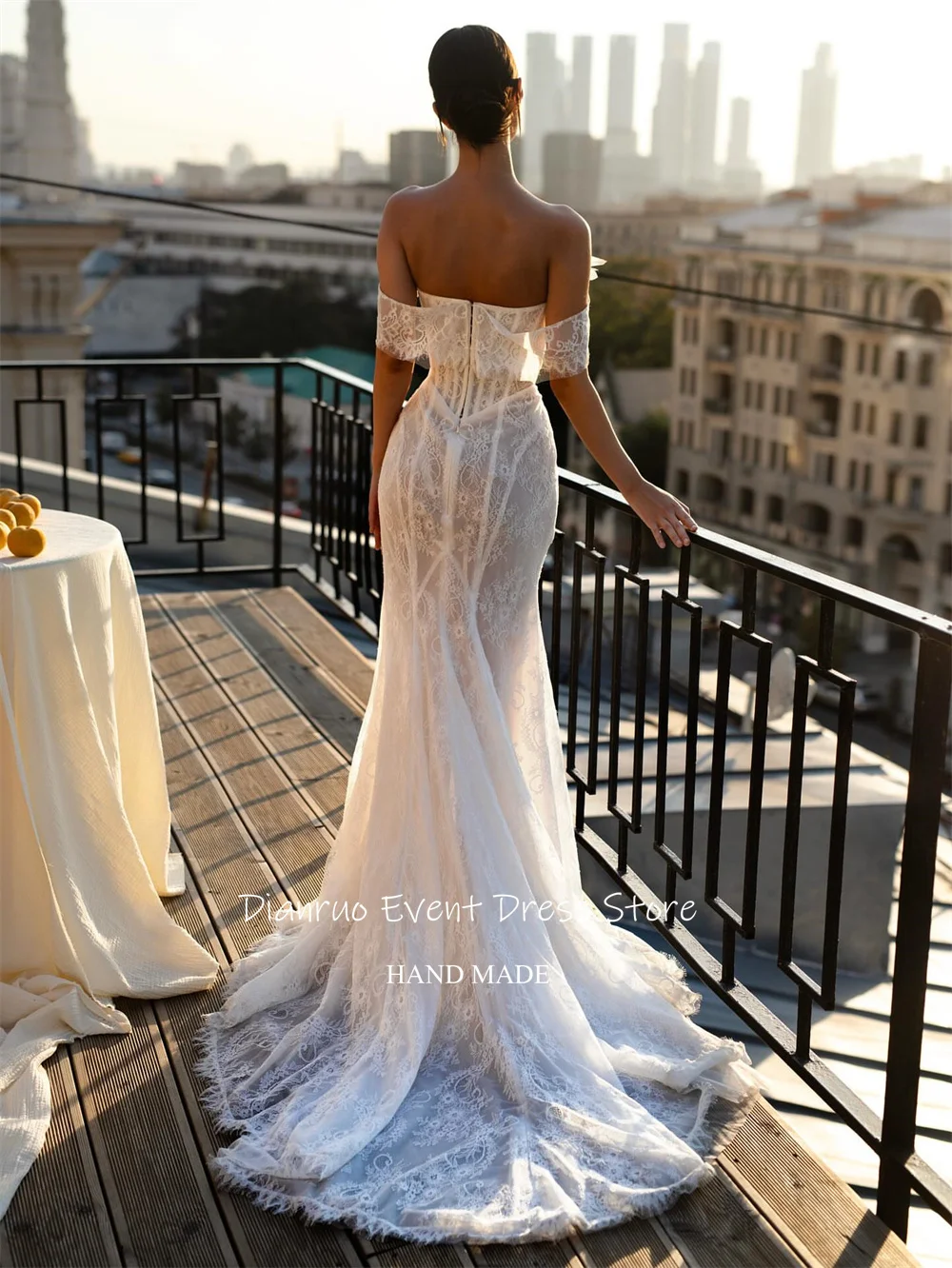 Dianruo Beaded Chains Off The Shoulder Wedding Dresses Lace Sweep Train Vestido De Noiva Charming Mermaid Bride Gowns Customized image 5
