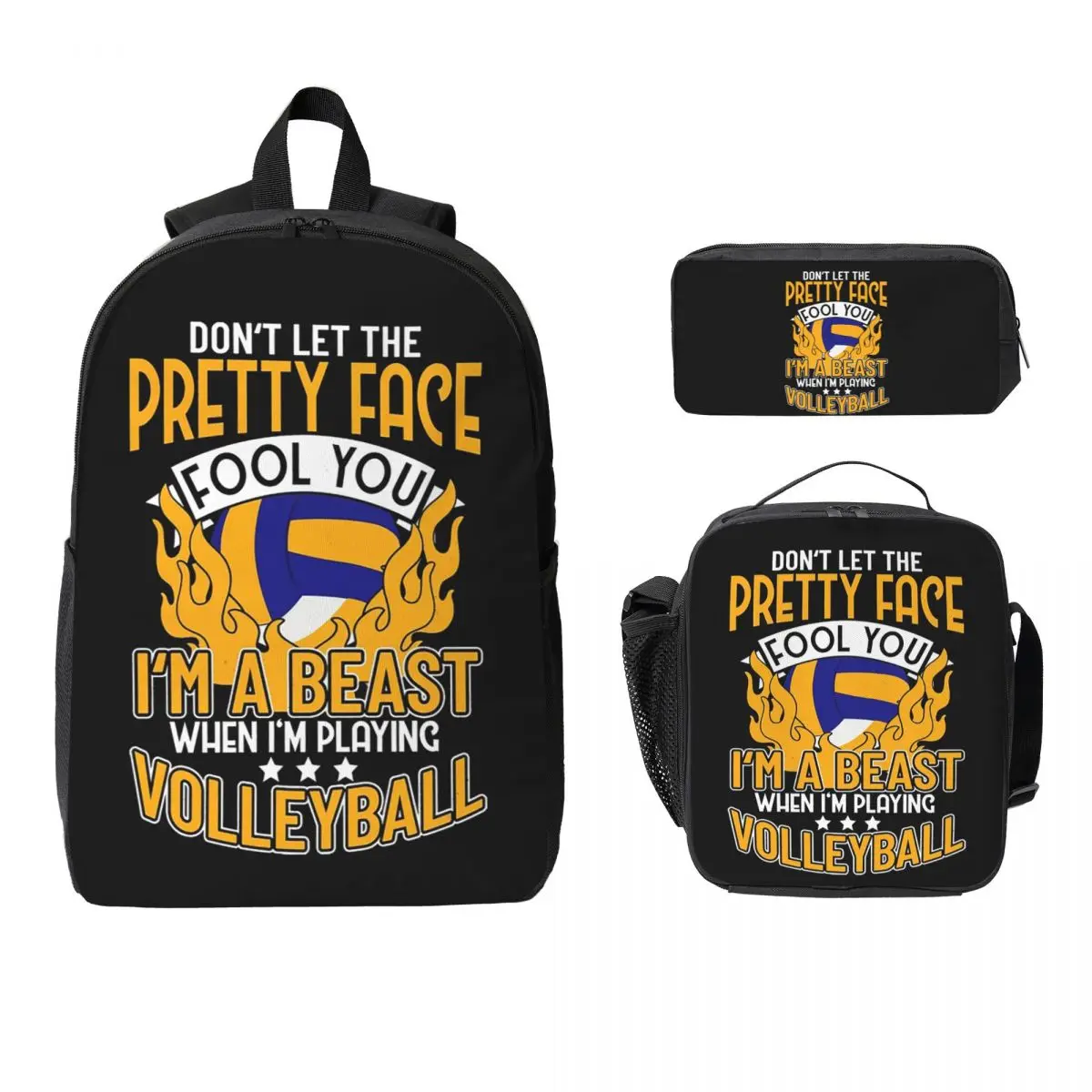 I'm A Beast When I'm Playing Volleyball Backpack BookBag School Bag Computer Shoulder Bags 3ps Insulated Lunch Bag Pencil Case